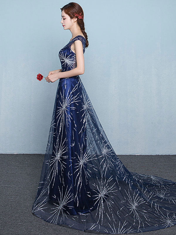 Modern Constellation Dress Dark Navy Evening Dress Sexy A Line Scoop Neck Sequin Star Tulle Formal Party Dresses With Train-Ballbella