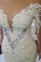 Modern Crystals Long Sleevess Wedding Dresses Off the Shoulder Mermaid Bridal Gowns-Ballbella