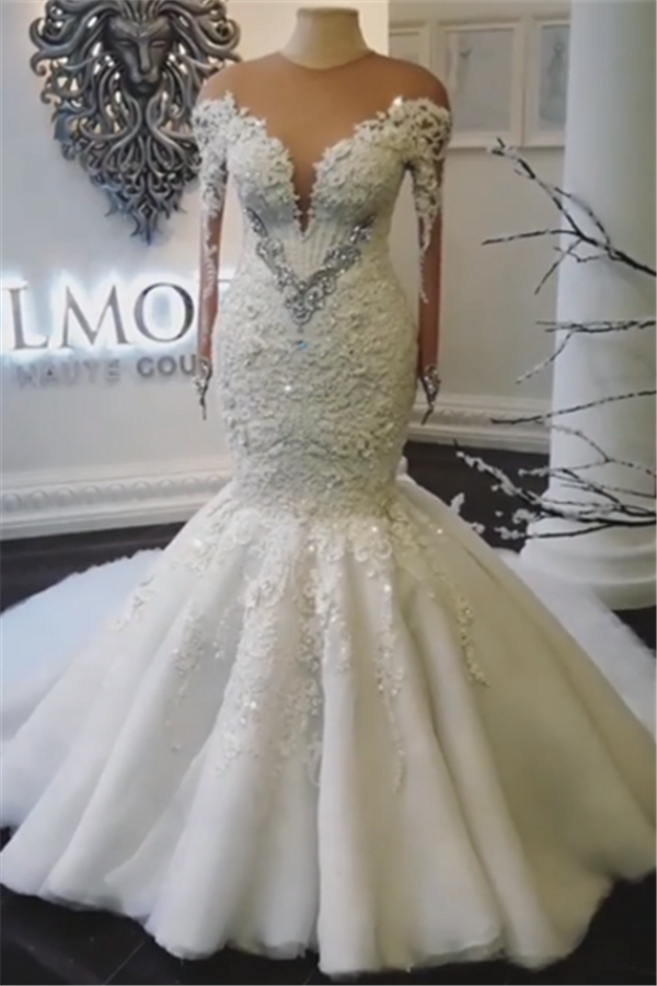 Modern Crystals Long Sleevess Wedding Dresses Off the Shoulder Mermaid Bridal Gowns-Ballbella