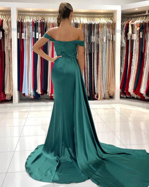 Modern Dark Green Off-the-shoulder Slit Mermaid Prom Dresses-Ballbella