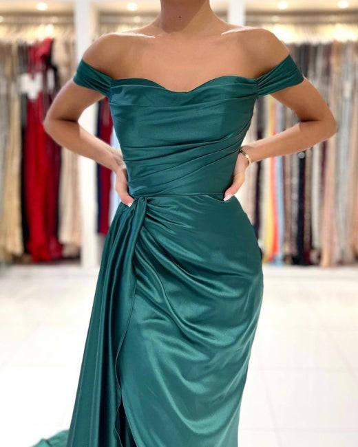 Modern Dark Green Off-the-shoulder Slit Mermaid Prom Dresses-Ballbella