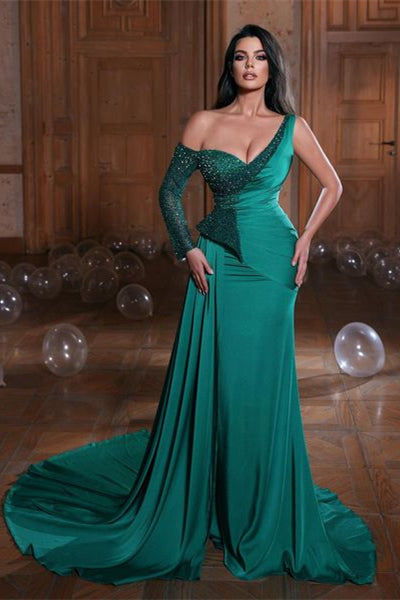 Modern Dark Green One Shoulder Long SLeeve Prom Dress-Ballbella