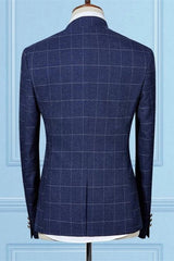 Modern Dark Navy Two Pieces Best Fitted Designer Plaid Men's Prom Suits-Ballbella