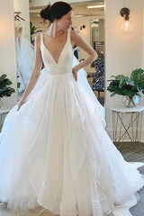 Modern Deep V neck Sleeveless White Tulle Wedding Dresses with Ruffless-Ballbella