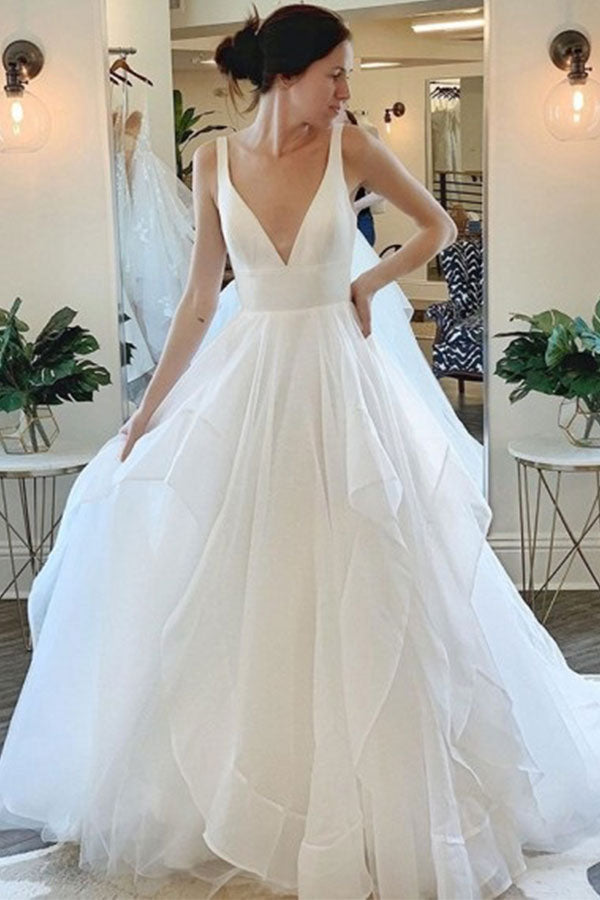 Modern Deep V neck Sleeveless White Tulle Wedding Dresses with Ruffless-Ballbella