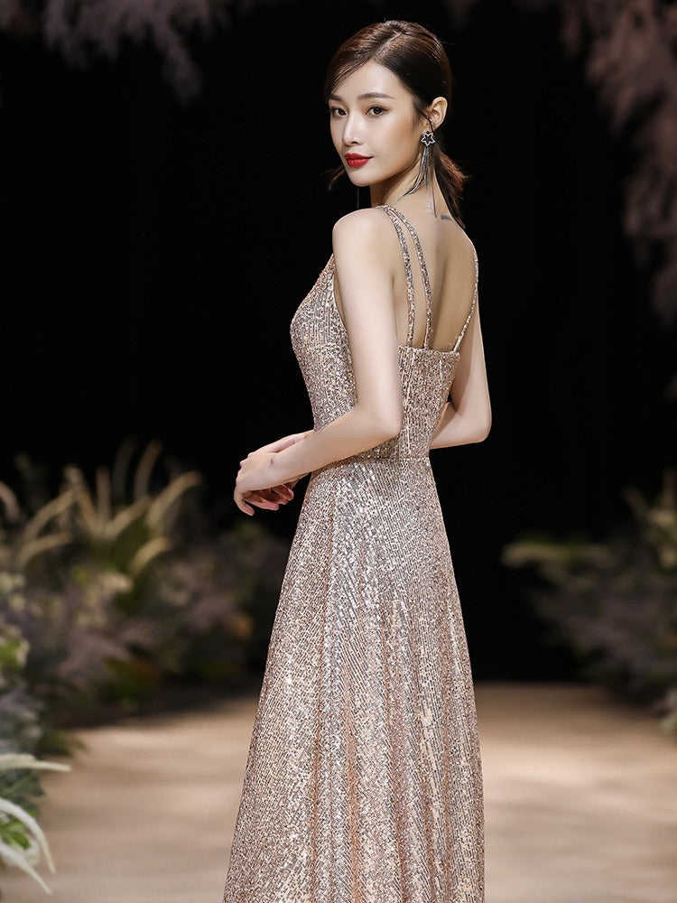 Evening Dress A-Line Jewel Neck Floor-Length Sleeveless Zipper Sequined evening dress