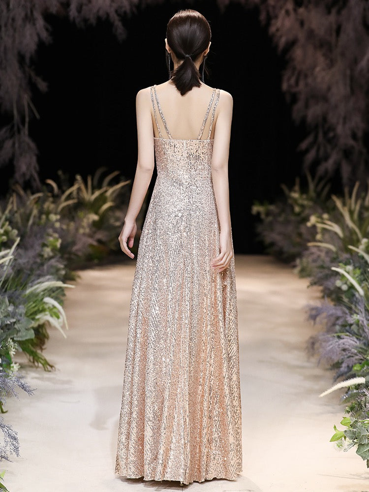 Evening Dress A-Line Jewel Neck Floor-Length Sleeveless Zipper Sequined evening dress