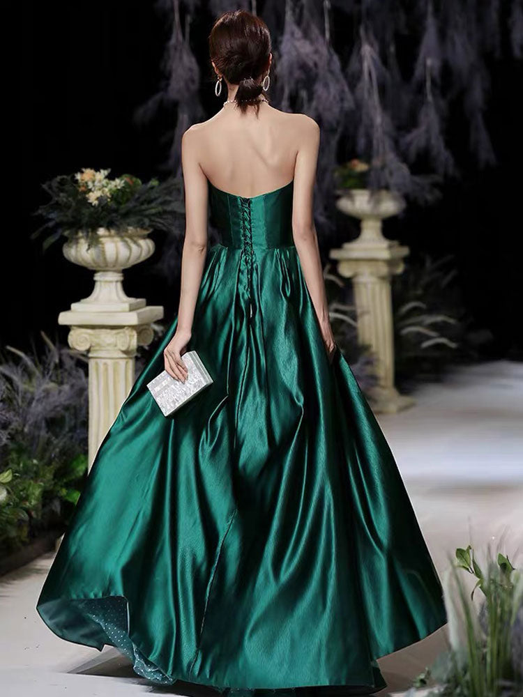 Evening Dress A-Line Strapless Satin Fabric Floor-Length Pleated Formal Party Dresses Forest Green Pageant Dress
