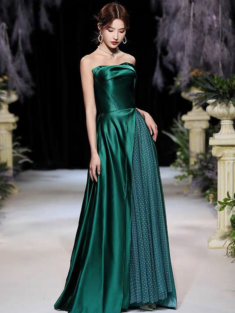 Evening Dress A-Line Strapless Satin Fabric Floor-Length Pleated Formal Party Dresses Forest Green Pageant Dress