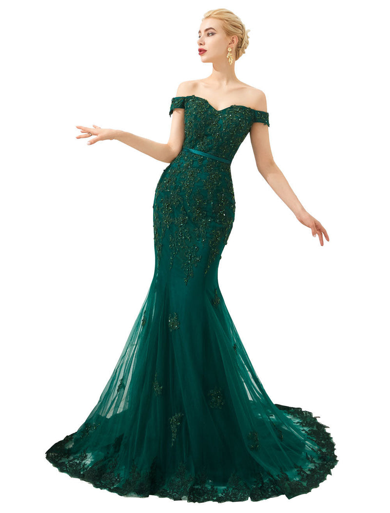 Modern Evening Dress Luxury Handmade Beading Mermaid Off Shoulder Short Sleeve Formal Dinner Dresses With Train-Ballbella