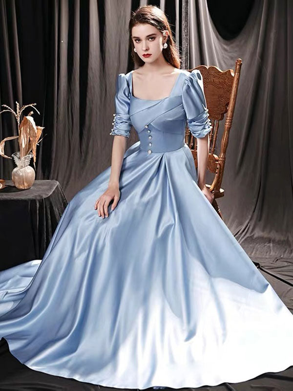 Modern Evening Dress Mint Blue A-Line Square Neck Floor-Length Half Sleeves Lace-Up Pageant Dress