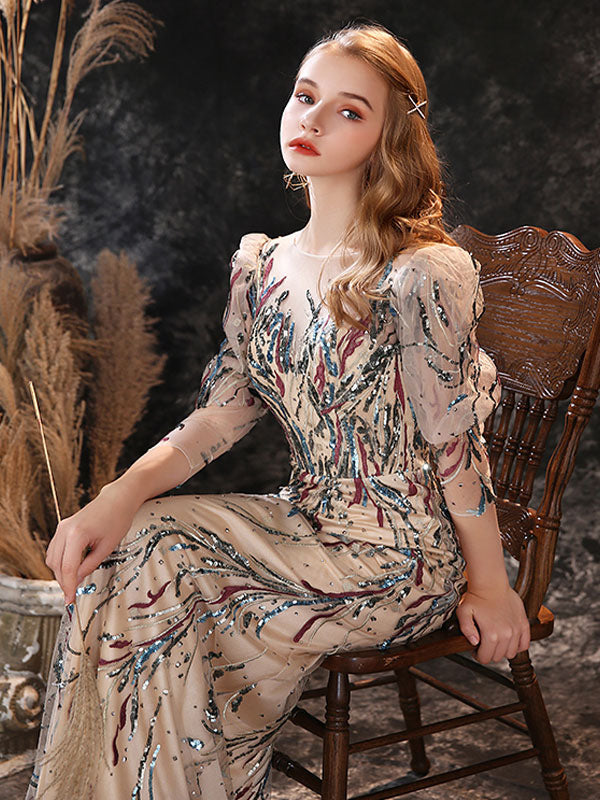 Modern Evening Dress Sheath Jewel Neck Lace Floor-Length Lace Formal Party Dresses-Ballbella