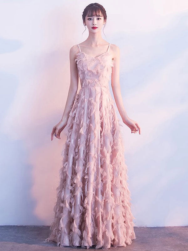 Modern Evening Dresses Blush Pink Long Halter Feathers Sleeveless Floor Length Graduation Dress wedding guest dress-Ballbella