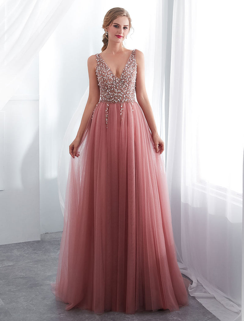 Modern Evening Dresses Cameo Pinkv Neck Beading A Line Formal Evening Dress With Train-Ballbella