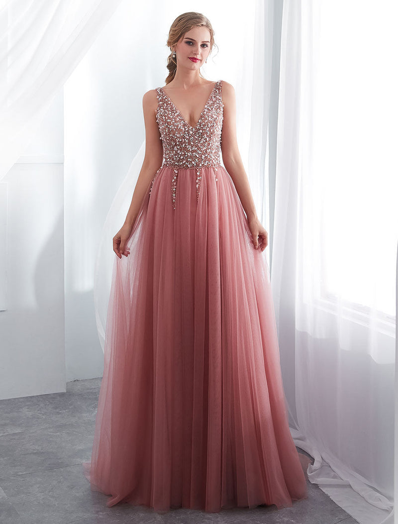 Evening Dresses Cameo Pinkv Neck Beading A Line Formal Evening Dress With Train, fast delivery worldwide.