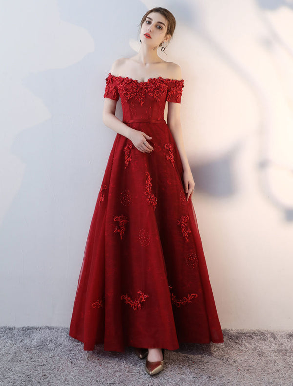 Modern Evening Dresses Long Burgundy Off The Shoulder evening dress Lace Applique Heavy Beading Sash Floor Length Formal Evening Dress-Ballbella