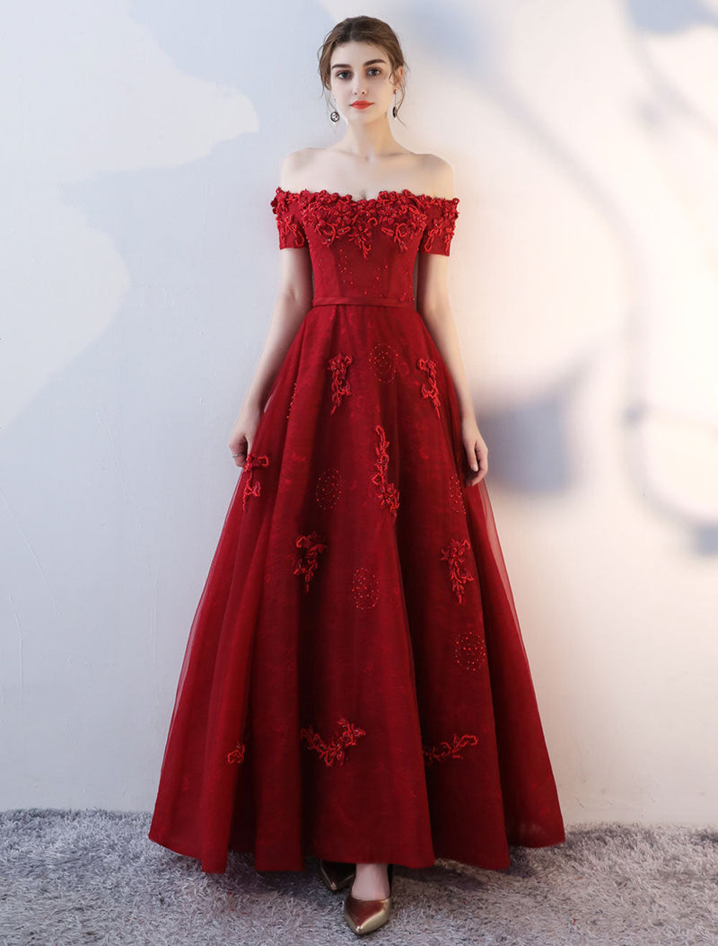Modern Evening Dresses Long Burgundy Off The Shoulder Evening Dress Lace Applique Heavy Beading Sash Floor Length Formal Evening Dress
