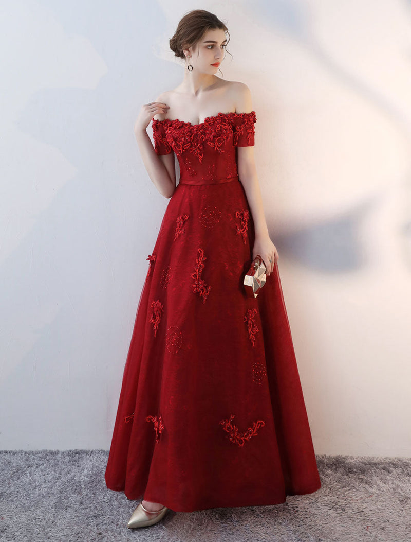 Off-the-Shoulder Appliques Pearls Sashes Red Homecoming Dress