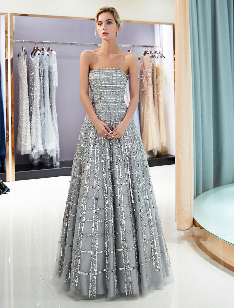 Modern Evening Dresses Long Strapless Sequin Light Grey Floor Length L Ballbella Modern Evening Dresses Long Strapless Sequin Light Grey Floor Length L Ballbella