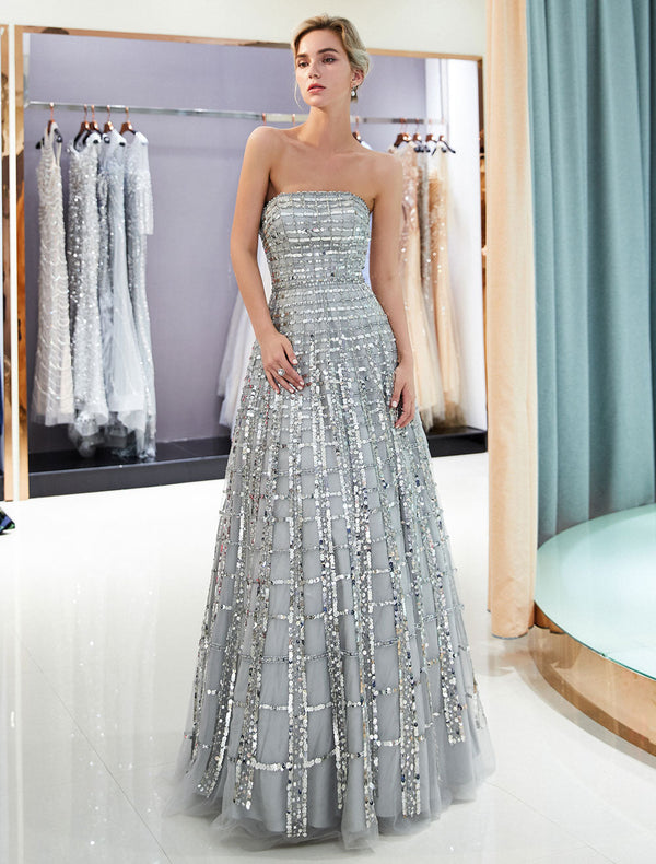 Evening Dresses Long Strapless Sequin Light Grey Floor Length Luxury Women Pageant Dress