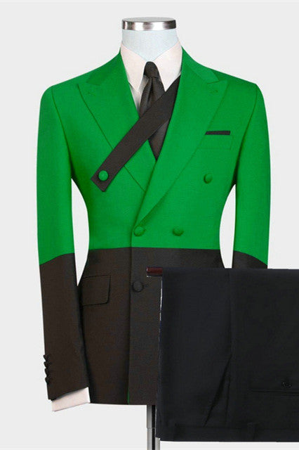 Modern Green and Black Double Breasted Peaked Lapel Designer Men Suits