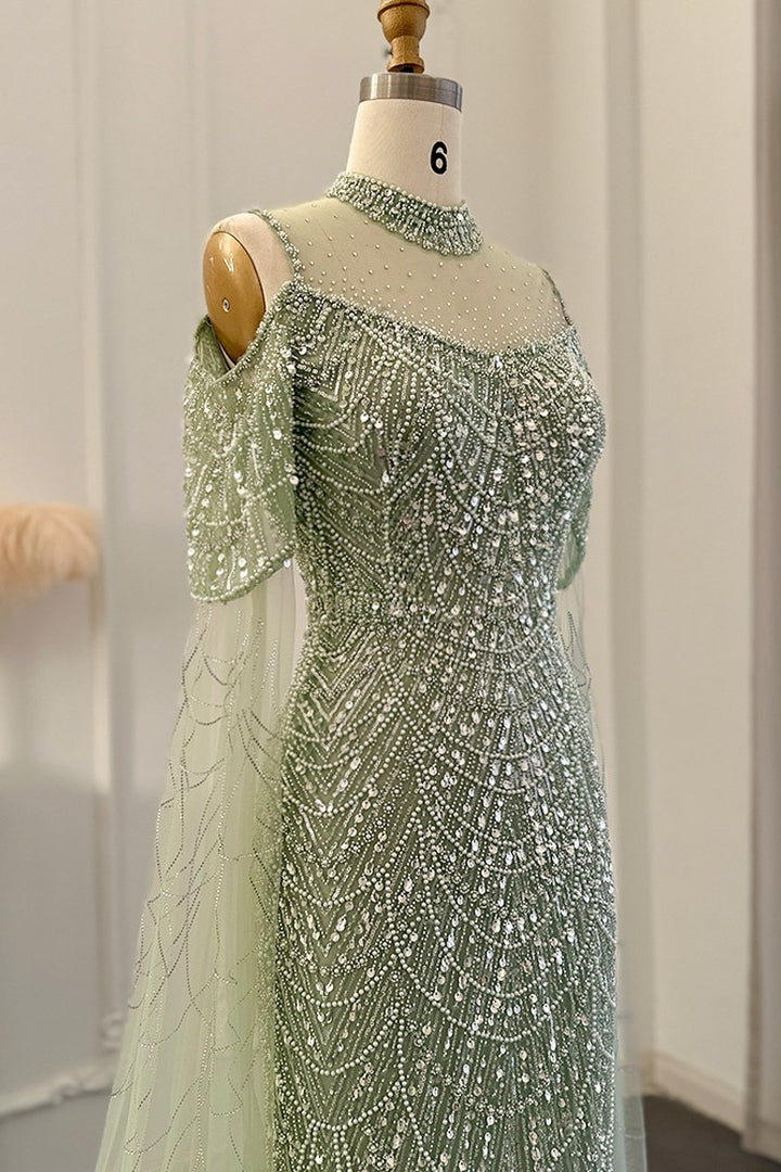 Modern High Neck Pearls Prom Dress Mermaid Long With Ruffle-Ballbella