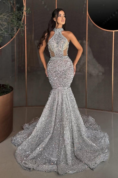 evening dresses with crystals Modern High Neck Sleeveless Mermaid Sequined prom Sophisticated Formal Dresses for Step into the spotlight -50% size:US24W