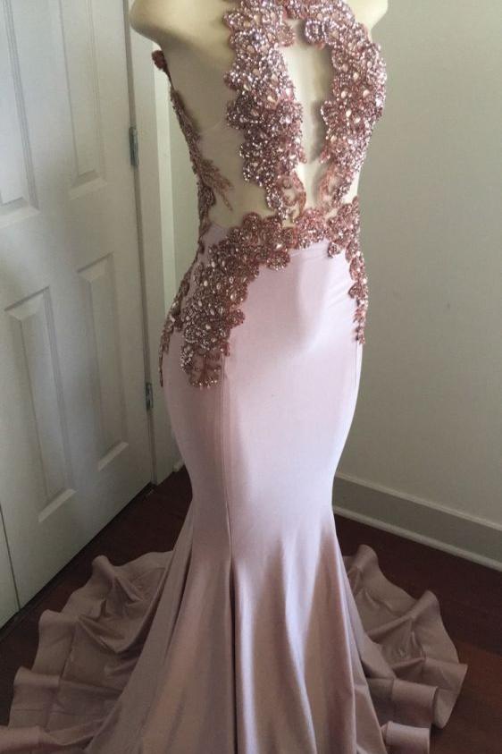 Modern Lace Appliques Sleeveless Prom Party Gowns| Mermaid Prom Party Gowns-Ballbella