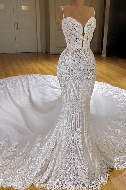 Modern Lace Mermaid Wedding Dresses Spaghetti Straps Appliques Bridal Gowns-Ballbella