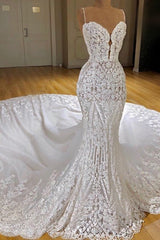 Modern Lace Mermaid Wedding Dresses Spaghetti Straps Appliques Bridal Gowns-Ballbella