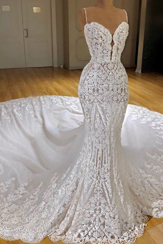 Modern Lace Mermaid Wedding Dresses Spaghetti Straps Appliques Bridal Gowns-Ballbella