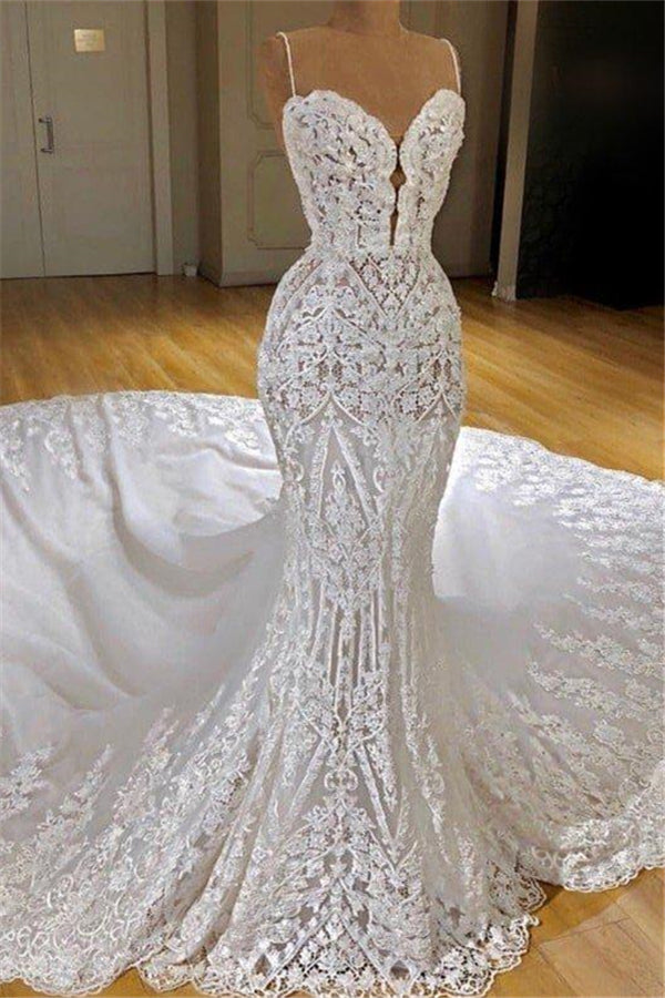 Modern Lace Mermaid Wedding Dresses Spaghetti Straps Appliques Bridal Gowns-Ballbella
