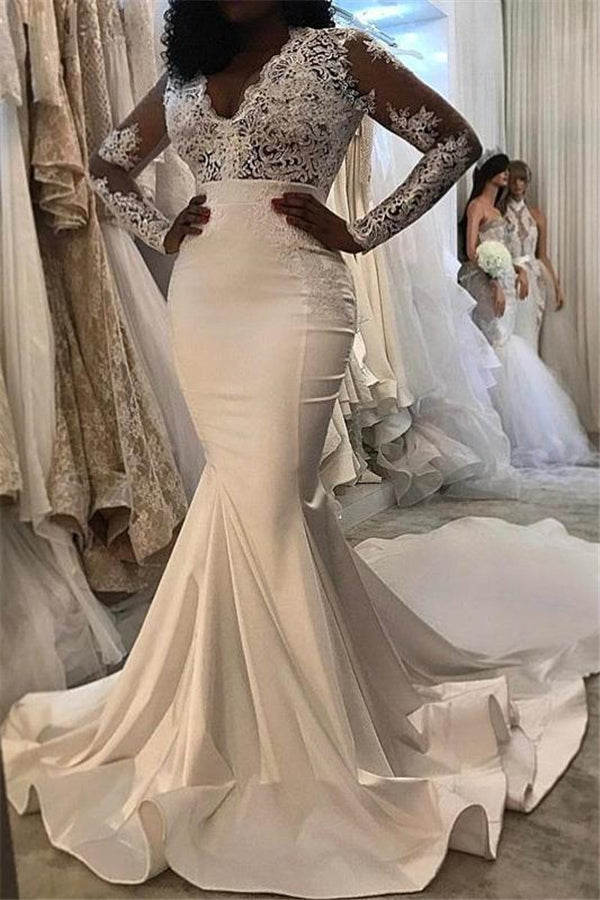 Modern Lace Trumpet/ Mermaid Wedding Dresses White Chic Wedding Dress-Ballbella