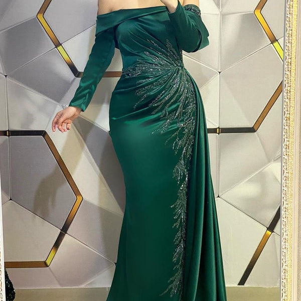 green formal dresses with sleeves Modern Long Dark Green Mermaid Off-the-shoulder Lace Evening Prom Dresses With Long Sleeves