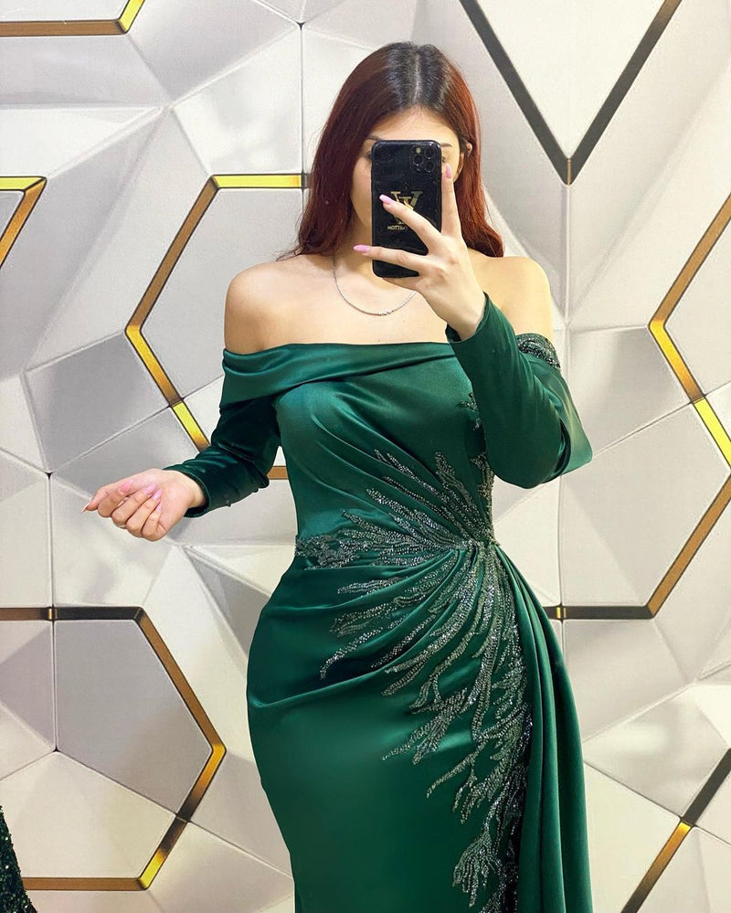 Modern Long Dark Green Mermaid Off-the-shoulder Lace Evening Prom Dresses With Long Sleeves-Ballbella