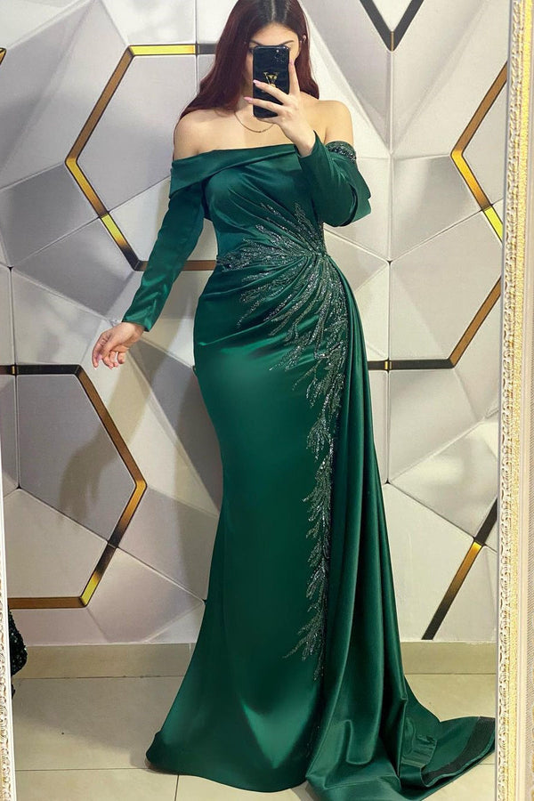 Modern Long Dark Green Mermaid Off-the-shoulder Lace Evening Prom Dresses With Long Sleeves-Ballbella