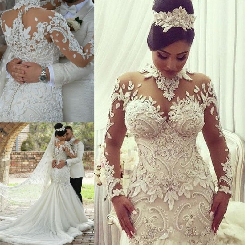 Inspired by this wedding dress at ballbella.com,Mermaid style, and Amazing Lace work? We meet all your need with this Classic Modern Long Sleeves High Neck Lace Wedding Dress Bridal Gown.