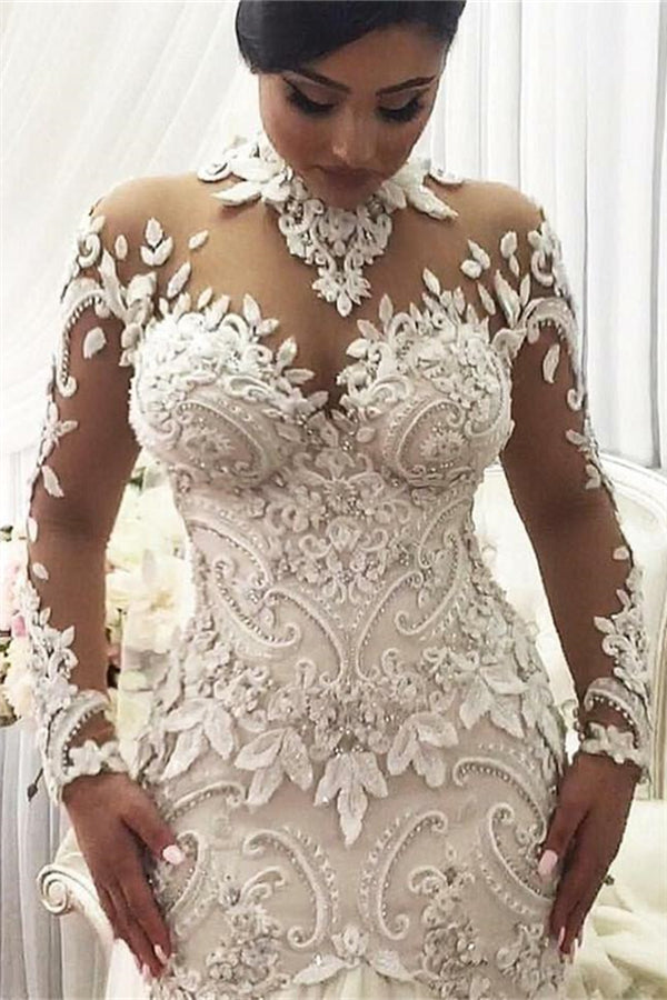 Modern Long Sleeves High Neck Lace Wedding Dress Bridal Gown-Ballbella