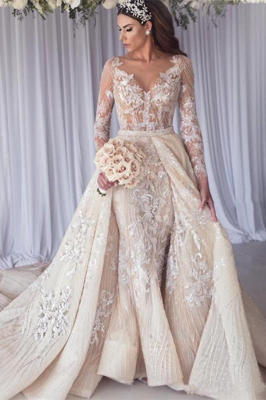 Modern Long Sleeves Lace Mermaid Overskirt Wedding Dress Bridal Gowns-Ballbella