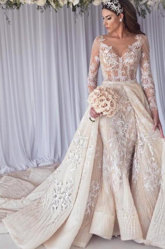 Modern Long Sleeves Lace Mermaid Overskirt Wedding Dress Bridal Gowns-Ballbella