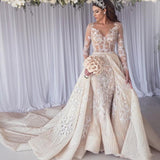 Inspired by this wedding dress at ballbella.com,Mermaid style, and Amazing Lace work? We meet all your need with this Classic Modern Long Sleeves Lace Mermaid Overskirt Wedding Dress Bridal Gowns.
