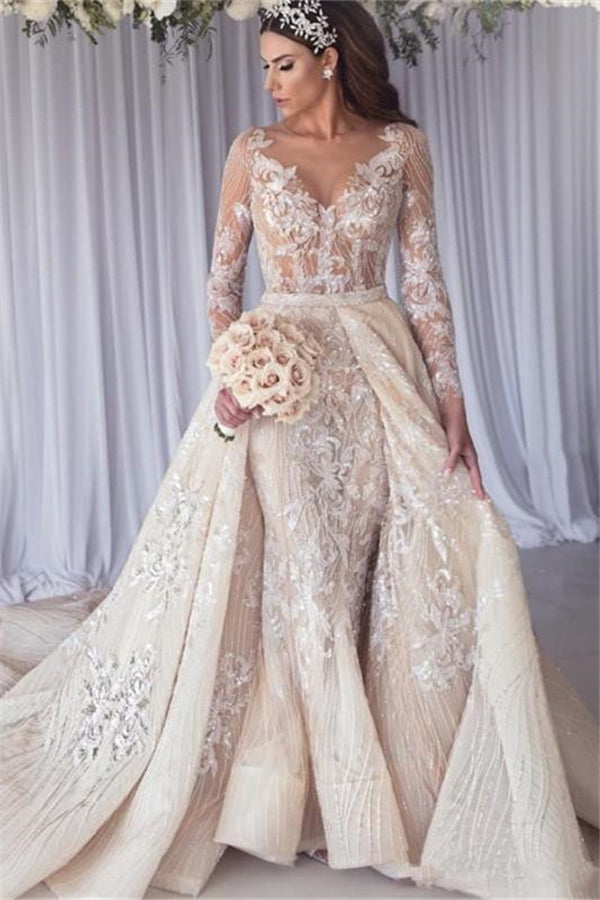 Modern Long Sleeves Lace Mermaid Overskirt Wedding Dress Bridal Gowns-Ballbella