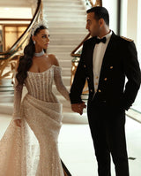 Modern Long Sleeves Mermaid Wedding Dress With Ruffles and Sequins Pleats-Ballbella