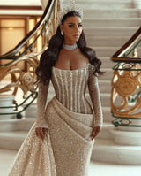 Modern Long Sleeves Mermaid Wedding Dress With Ruffles and Sequins Pleats-Ballbella