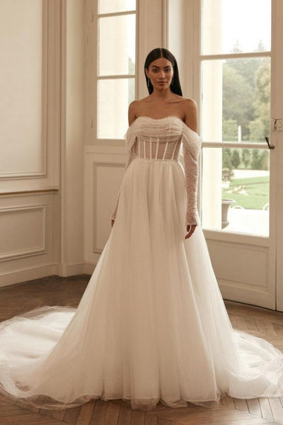 modern wedding dresses online Long Sleevess Long Off-the-Shoulder Sequined Color:Vines and Twirls Black Ladivine by Cinderella Divine Luxury online bridal boutique __tab5:returns-exchanges