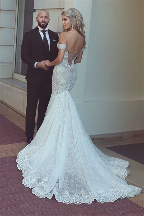 Ballbella custom made this Modern lace mermaid off-the-shoulder wedding dress at lowest price, we sell dresses online all over the world. Also, extra discount are offered to our customs. We will try our best to satisfy everyoneone and make the dress fi