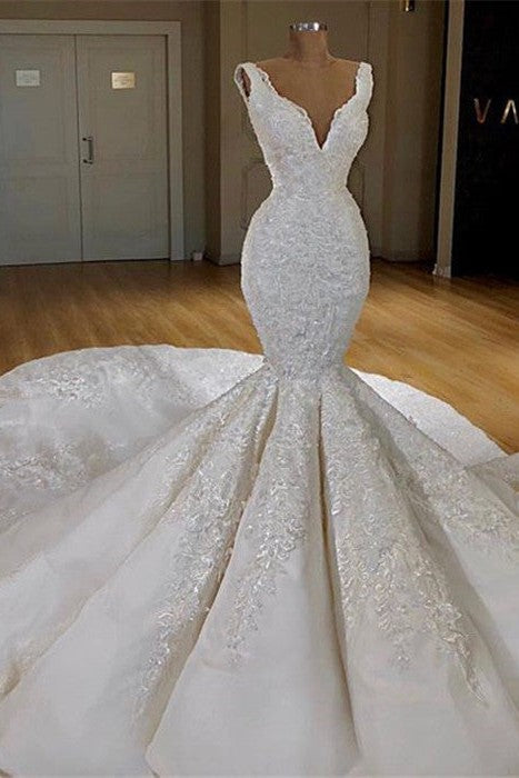 Modern Mermaid Lace Wedding Dresses Online Straps Luxurious Bridal Gowns with Long Train-Ballbella