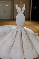 Modern Mermaid Lace Wedding Dresses Online Straps Luxurious Bridal Gowns with Long Train-Ballbella