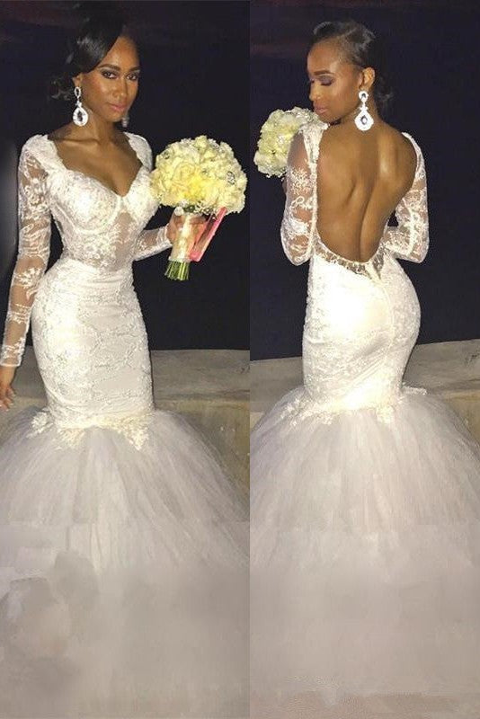 Modern Mermaid Long Sleeve Lace Backless Wedding Dress-Ballbella