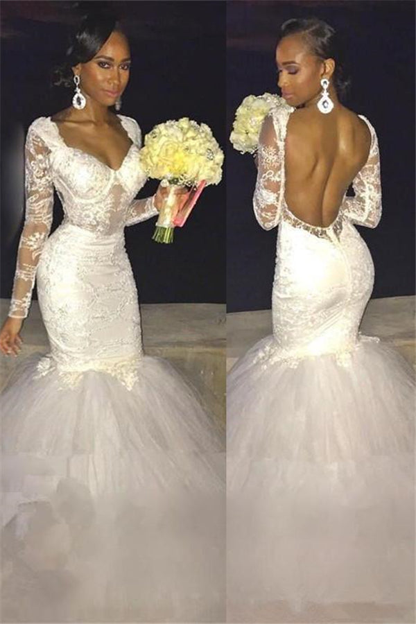 Modern Mermaid Long Sleeve Lace Backless Wedding Dress-Ballbella